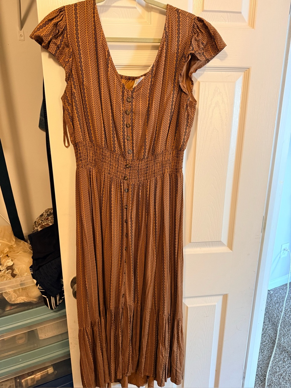 Just The Girl! Boho Button-Front Midi Dress in Rust Brown